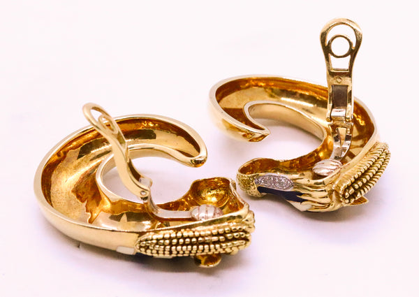 ROBERTO LEGNAZZI 18 KT GOLD ZEBRA EARRINGS WITH ENAMEL & DIAMONDS