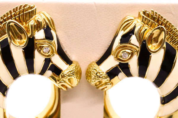 ROBERTO LEGNAZZI 18 KT GOLD ZEBRA EARRINGS WITH ENAMEL & DIAMONDS