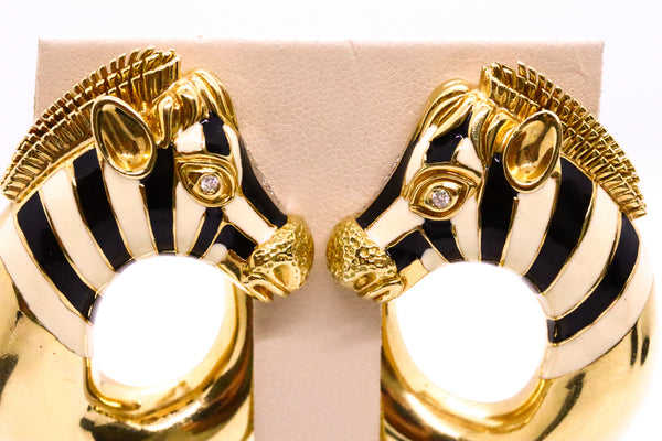 ROBERTO LEGNAZZI 18 KT GOLD ZEBRA EARRINGS WITH ENAMEL & DIAMONDS