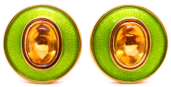 LEO DE VROOMEN London Enameled Clip Earrings 18Kt Yellow Gold & 14 Cts Citrines