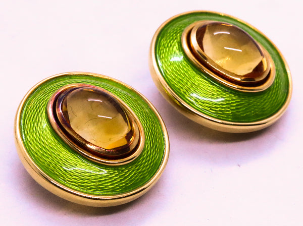 LEO DE VROOMEN London Enameled Clip Earrings 18Kt Yellow Gold & 14 Cts Citrines