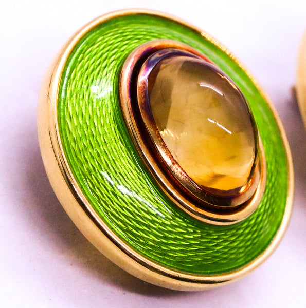 LEO DE VROOMEN London Enameled Clip Earrings 18Kt Yellow Gold & 14 Cts Citrines