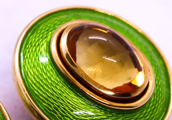 LEO DE VROOMEN London Enameled Clip Earrings 18Kt Yellow Gold & 14 Cts Citrines