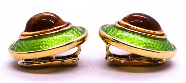 LEO DE VROOMEN London Enameled Clip Earrings 18Kt Yellow Gold & 14 Cts Citrines
