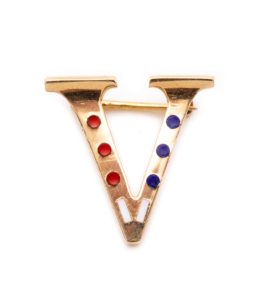 CARTIER NEW YORK 1945 WWII RARE VICTORY PIN IN 14 KT WITH ENAMEL