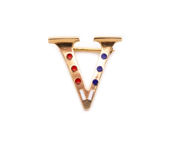 CARTIER NEW YORK 1945 WWII RARE VICTORY PIN IN 14 KT WITH ENAMEL