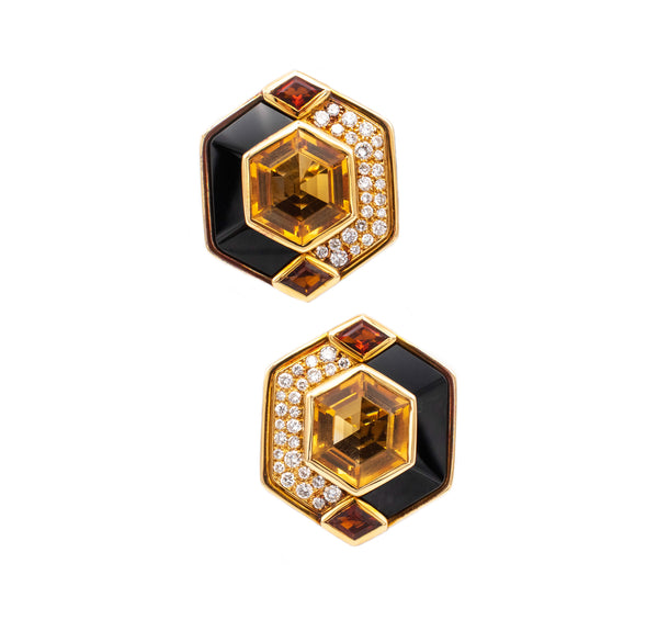 MARINA B. FRANCE 18 KT YELLOW GOLD EARRINGS WITH 23.84 Ctw DIAMONDS, ONYX & CITRINE