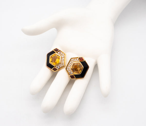 MARINA B. FRANCE 18 KT YELLOW GOLD EARRINGS WITH 23.84 Ctw DIAMONDS, ONYX & CITRINE