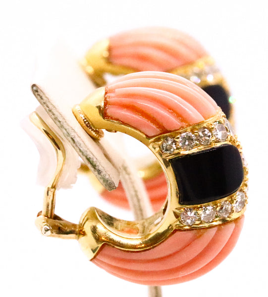 PINK CORAL, ONYX AND DIAMONDS 18 KT DESIGNER EARRINGS