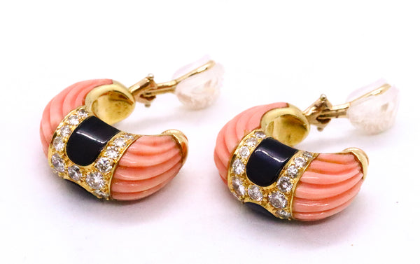 PINK CORAL, ONYX AND DIAMONDS 18 KT DESIGNER EARRINGS