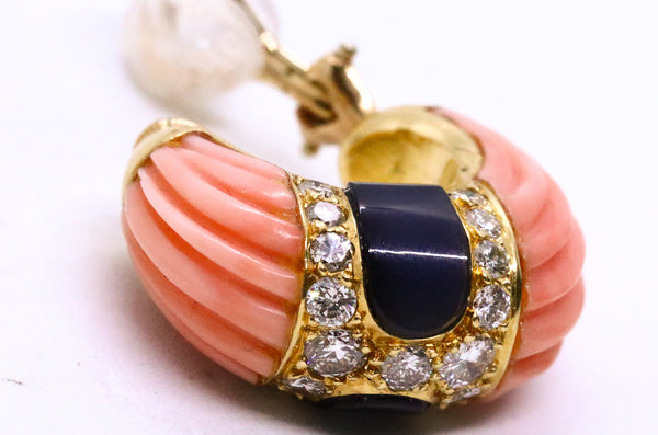 PINK CORAL, ONYX AND DIAMONDS 18 KT DESIGNER EARRINGS