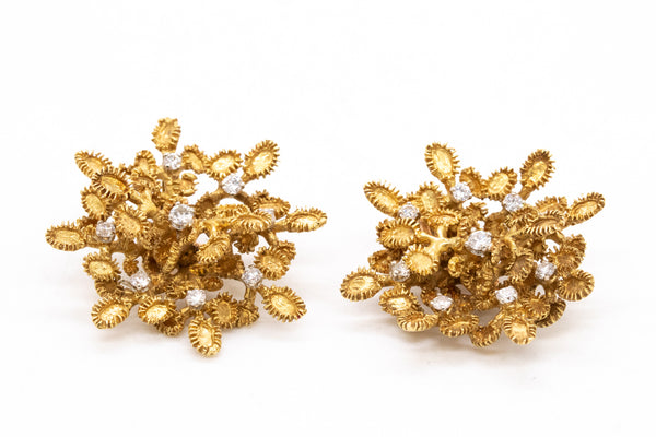 French 1950 Post War Retro Earrings In 18Kt Gold And Platinum With 1.08 Cts In Diamonds