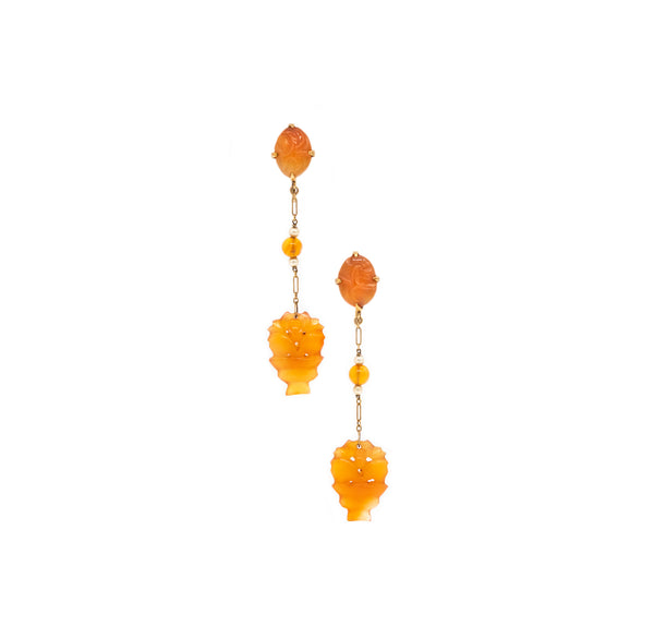Art Deco 1920 British Drop Earrings In 18Kt Yellow Gold With Carved Carnelian And Pearls