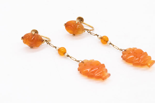 Art Deco 1920 British Drop Earrings In 18Kt Yellow Gold With Carved Carnelian And Pearls