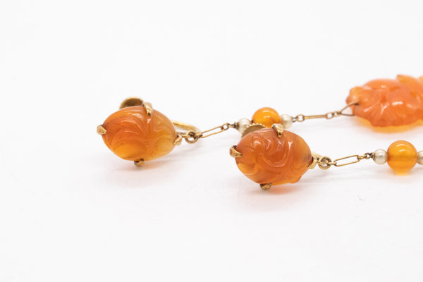 Art Deco 1920 British Drop Earrings In 18Kt Yellow Gold With Carved Carnelian And Pearls