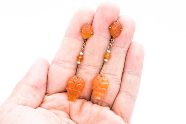 Art Deco 1920 British Drop Earrings In 18Kt Yellow Gold With Carved Carnelian And Pearls