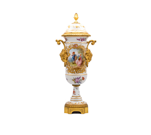 FRANCE 1870 SEVRES PORCELAIN LOUIS XVI VASE WITH LID, GILDED ORMOLU MOUNTING