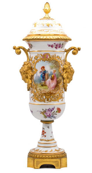 FRANCE 1870 SEVRES PORCELAIN LOUIS XVI VASE WITH LID, GILDED ORMOLU MOUNTING
