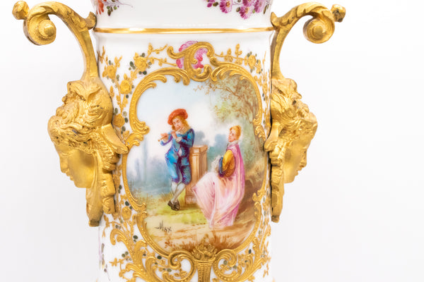 FRANCE 1870 SEVRES PORCELAIN LOUIS XVI VASE WITH LID, GILDED ORMOLU MOUNTING
