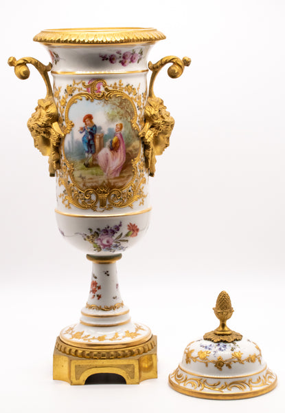 FRANCE 1870 SEVRES PORCELAIN LOUIS XVI VASE WITH LID, GILDED ORMOLU MOUNTING
