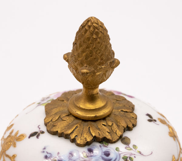 FRANCE 1870 SEVRES PORCELAIN LOUIS XVI VASE WITH LID, GILDED ORMOLU MOUNTING