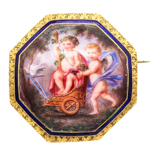 French Baroque 19th Century Enameled Brooch Of Triumph Of Bacchus With Cupid In 18Kt Gold