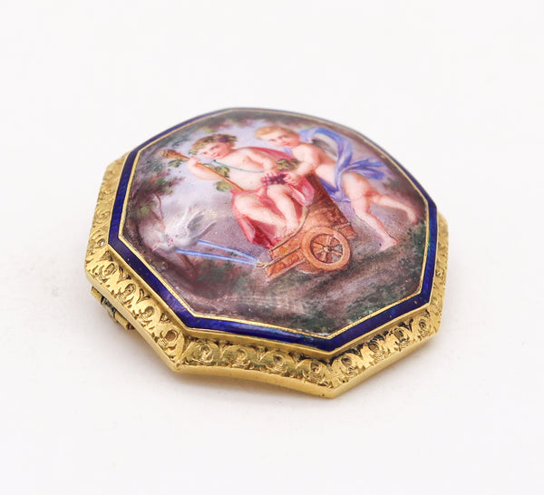 French Baroque 19th Century Enameled Brooch Of Triumph Of Bacchus With Cupid In 18Kt Gold