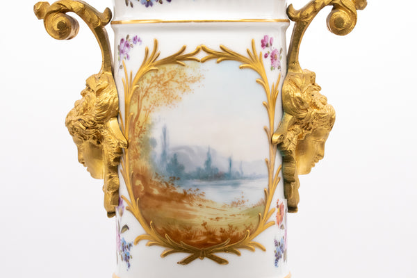 FRANCE 1870 SEVRES PORCELAIN LOUIS XVI VASE WITH LID, GILDED ORMOLU MOUNTING