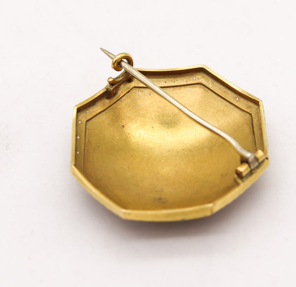 French Baroque 19th Century Enameled Brooch Of Triumph Of Bacchus With Cupid In 18Kt Gold