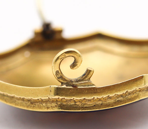 French Baroque 19th Century Enameled Brooch Of Triumph Of Bacchus With Cupid In 18Kt Gold