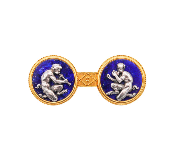 Fannière Freres Paris 1880 Rare Etruscan Bacchus Brooch In 18Kt Gold With Carved Lapis Lazuli