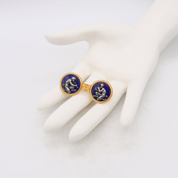 Fannière Freres Paris 1880 Rare Etruscan Bacchus Brooch In 18Kt Gold With Carved Lapis Lazuli