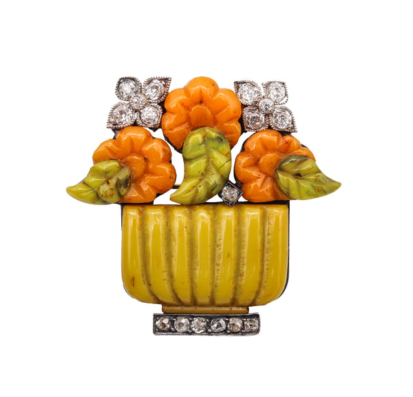 French-Austrian 1920 Art Deco Jardiniere Pendant Brooch With Carved Agates & Diamonds