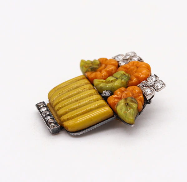 French-Austrian 1920 Art Deco Jardiniere Pendant Brooch With Carved Agates & Diamonds