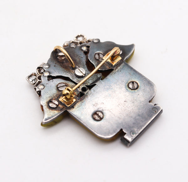 French-Austrian 1920 Art Deco Jardiniere Pendant Brooch With Carved Agates & Diamonds