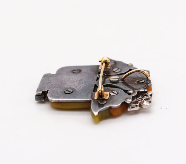 French-Austrian 1920 Art Deco Jardiniere Pendant Brooch With Carved Agates & Diamonds