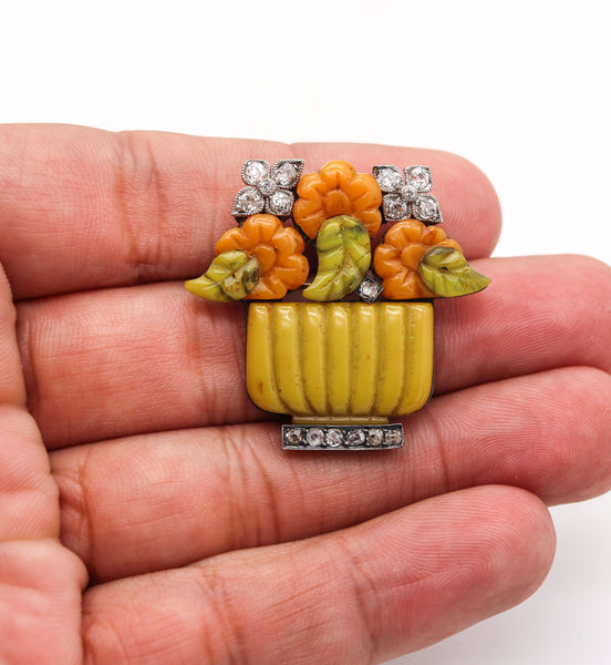 French-Austrian 1920 Art Deco Jardiniere Pendant Brooch With Carved Agates & Diamonds
