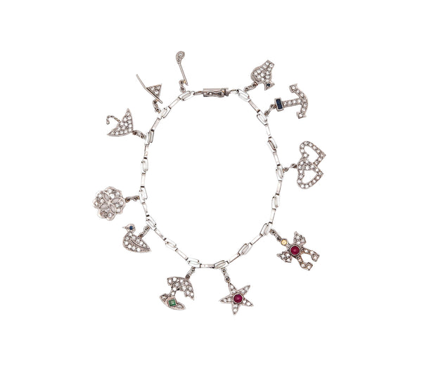 Art Deco 1930 Eleven Charms Bracelet In Platinum Enamel With 3.48 Ctw In Diamonds And Gems