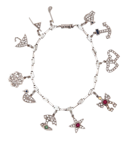 Art Deco 1930 Eleven Charms Bracelet In Platinum Enamel With 3.48 Ctw In Diamonds And Gems