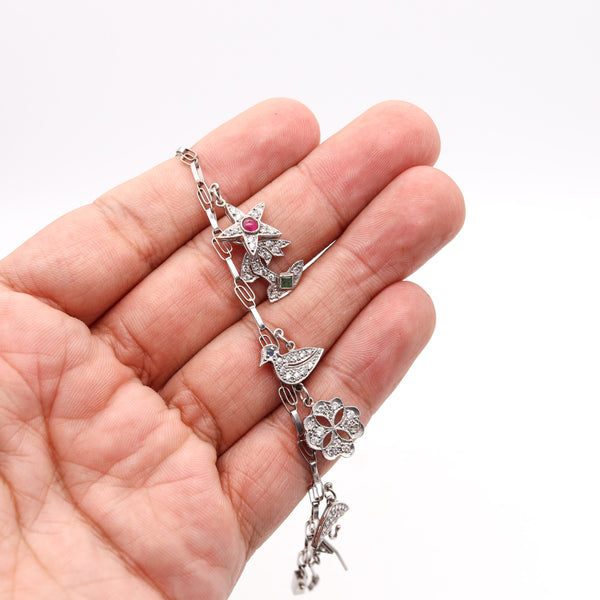 Art Deco 1930 Eleven Charms Bracelet In Platinum Enamel With 3.48 Ctw In Diamonds And Gems