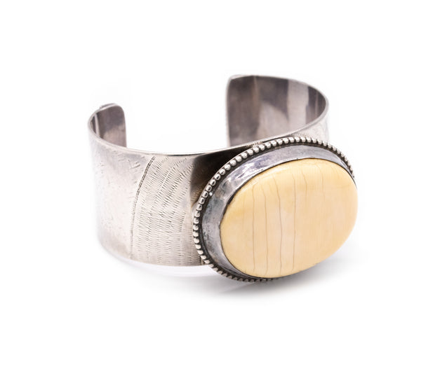 GERMANY MID CENTURY RETRO 1970 STERLING SILVER CUFF WITH MAMMOTH BONE