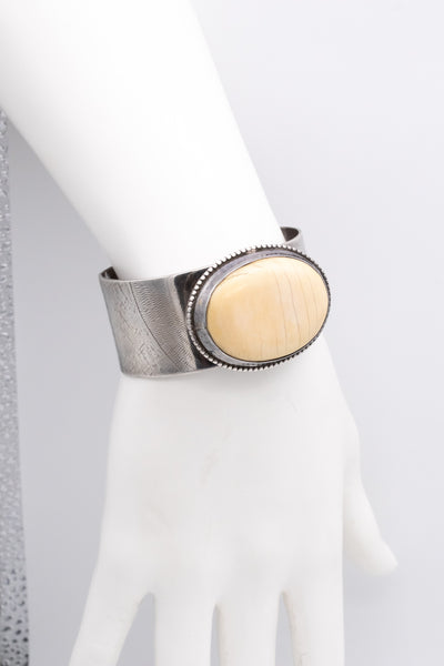 GERMANY MID CENTURY RETRO 1970 STERLING SILVER CUFF WITH MAMMOTH BONE