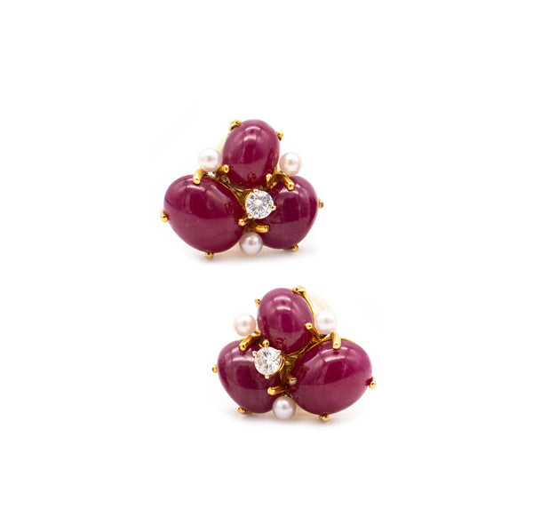 SEAMAN SCHEPPS 18 KT YELLOW GOLD EARRINGS WITH 18.8 Ctw OF DIAMONDS & RUBIES