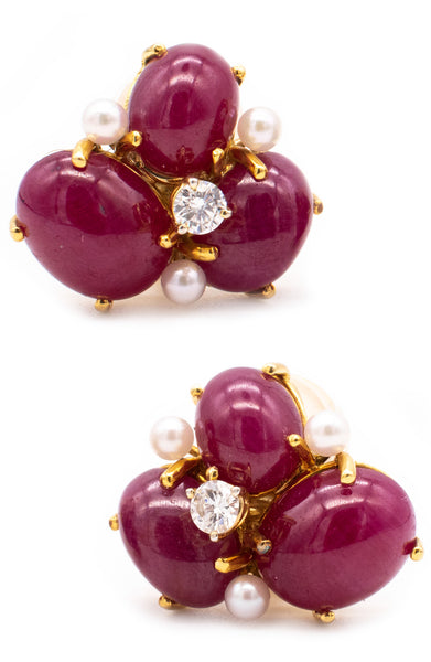 SEAMAN SCHEPPS 18 KT YELLOW GOLD EARRINGS WITH 18.8 Ctw OF DIAMONDS & RUBIES