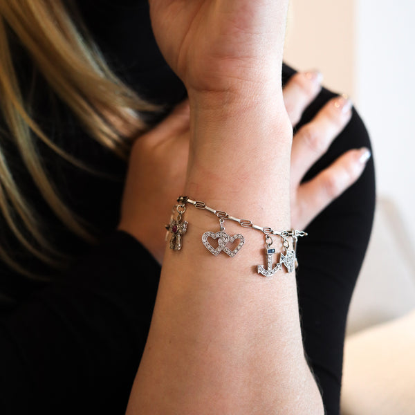 Art Deco 1930 Eleven Charms Bracelet In Platinum Enamel With 3.48 Ctw In Diamonds And Gems