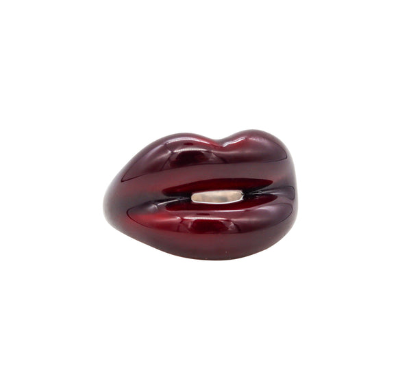 *Solange Azagury-Partridge British Hot-lips ring in .925 sterling silver with metallic Red Enamel