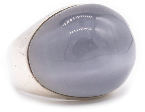 EUROPEAN STERLING SILVER 1960 UNISEX RING WITH 55.11 Cts BLUE CAT'S EYE