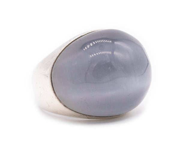 EUROPEAN STERLING SILVER 1960 UNISEX RING WITH 55.11 Cts BLUE CAT'S EYE