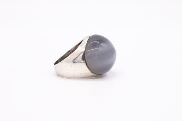EUROPEAN STERLING SILVER 1960 UNISEX RING WITH 55.11 Cts BLUE CAT'S EYE