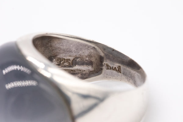 EUROPEAN STERLING SILVER 1960 UNISEX RING WITH 55.11 Cts BLUE CAT'S EYE